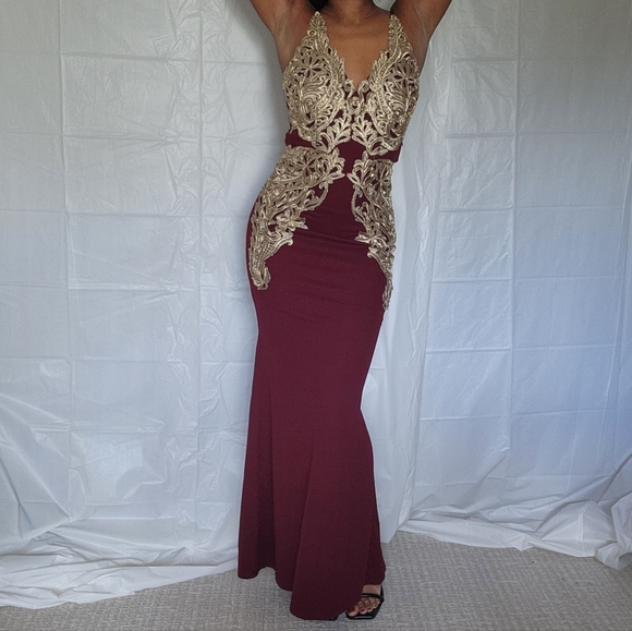Burgundy & Gold Lace Formal Gown from Fashion Nova